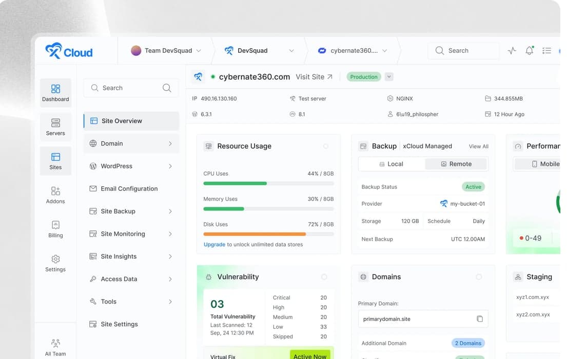 xCloud hosting dashboard
