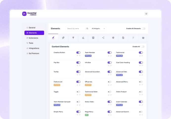 Essential Addons elements settings in the plugin dashboard