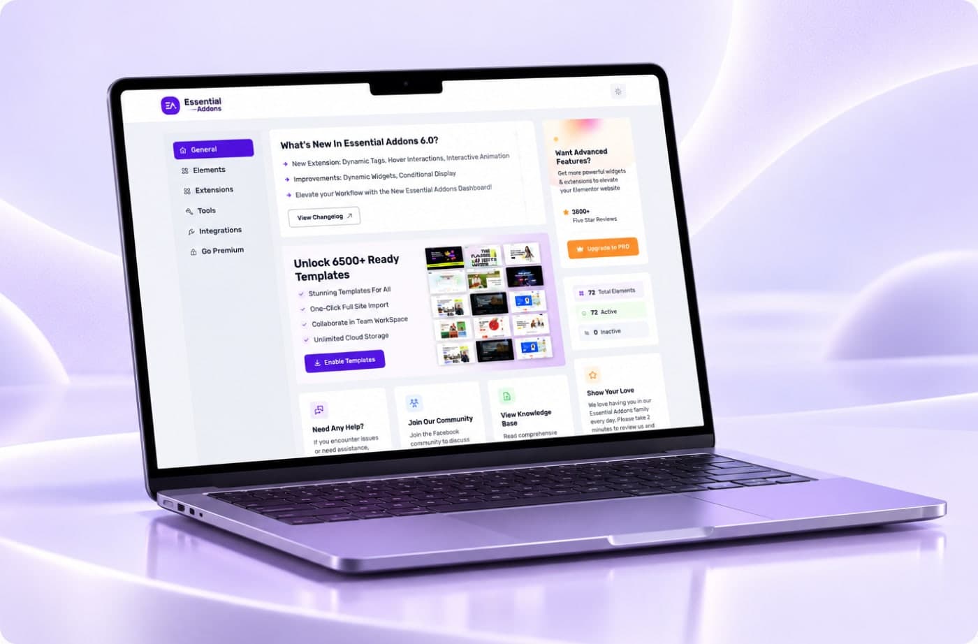 Essential Addons plugin dashboard on a laptop