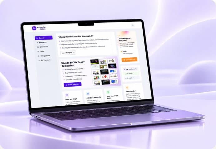 Essential Addons plugin dashboard on a laptop