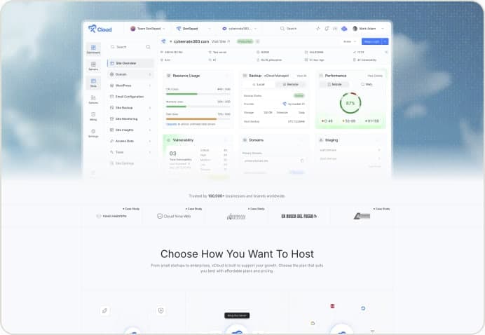 xCloud marketing website with the hosting dashboard