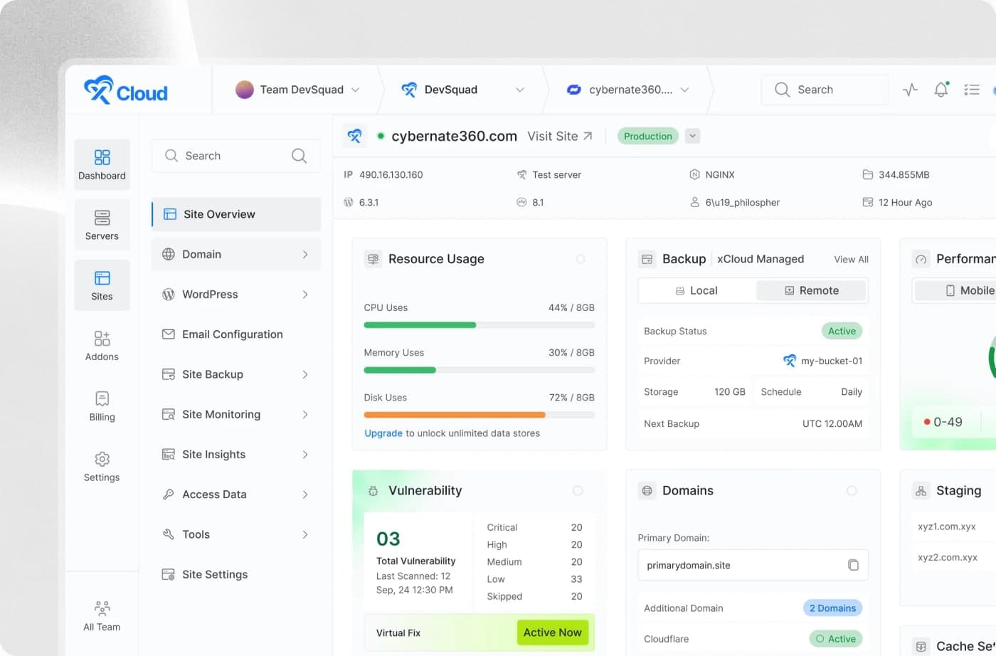 xCloud hosting dashboard showing site overview, resource usage and backups